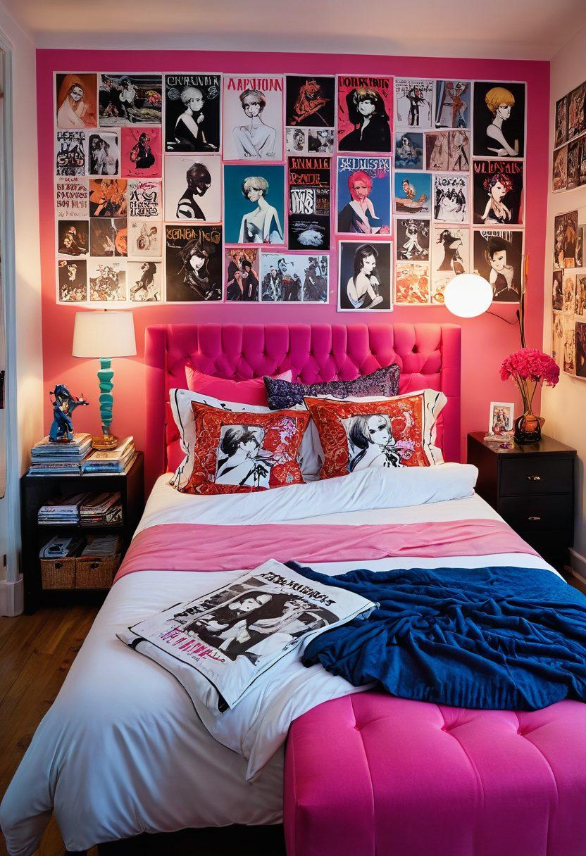 A stylish bedroom setup featuring a mannequin adorned in a fusion of manga-inspired erotic fashion, showcasing bold colors and intricate designs. The background includes manga posters on the walls and soft lighting that creates a cozy, inviting atmosphere. A bed scattered with fashion magazines and plush pillows adds to the theme of adult lifestyle choices. The scene evokes a sense of transformation and playful elegance. vibrant colors. soft lighting. super-realistic.