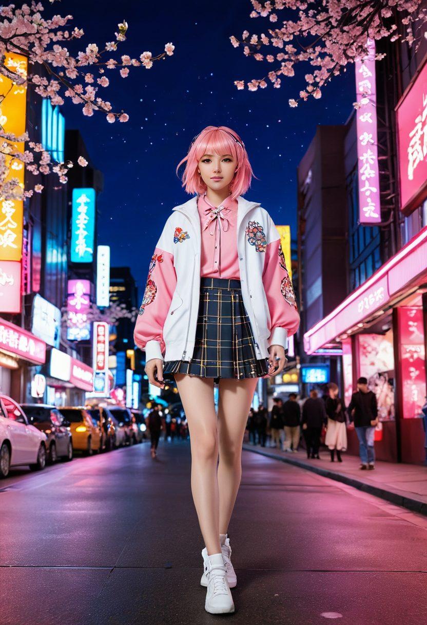 A vibrant scene showcasing a stylish anime character dressed in trending flirty attire, featuring bold colors and playful patterns. The character poses confidently in a dynamic urban setting, surrounded by whimsical cherry blossom petals fluttering in the air. Include elements like futuristic accessories and glowing neon signs in the background to capture the modern anime aesthetic. The overall atmosphere should be lively and engaging. super-realistic. vibrant colors. anime style.