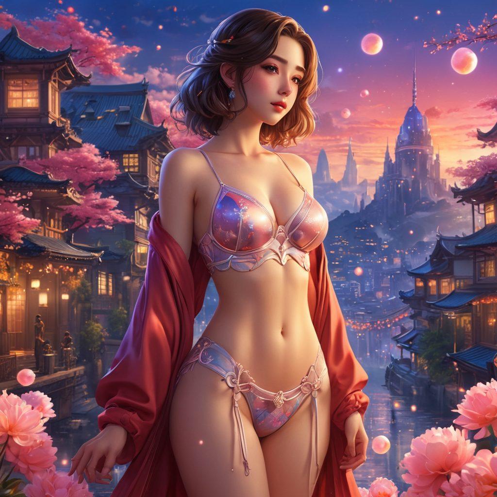 A striking scene featuring a vibrant anime-inspired character dressed in trendy intimate apparel, surrounded by whimsical elements such as floating petals and glowing orbs. The backdrop showcases a fantastical cityscape at twilight, blending traditional and futuristic aesthetics. The character exudes confidence and allure, emphasizing the themes of sensuality and fashion. super-realistic. vibrant colors. fantasy art.